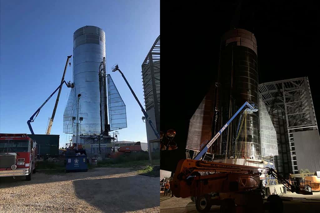 À Boca Chica, assemblage du MK1, un des deux prototypes du futur lanceur Starship de SpaceX. Sur la partie inférieure du MK1, on peut voir les ailerons arrière qui contrôleront la stabilité en vol du prototype. © SpaceX, Elon Musk 