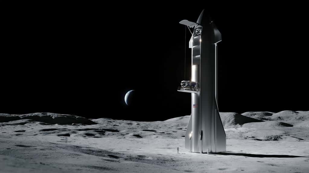 Dans sa version transport de fret, le Starship de SpaceX sera capable de livrer plus de cent tonnes de matériel sur la Lune, dont des rovers. © SpaceX