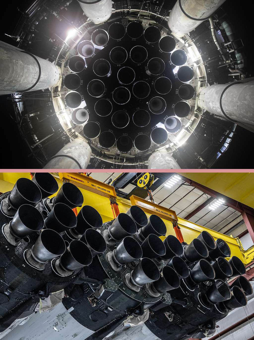 Les 33 moteurs du Super Hevay sont logés dans l'étage dans une configuration très différente des 27 moteurs de l'étage principal du Falcon Heavy formé de trois étages principaux du Falcon 9. © SpaceX