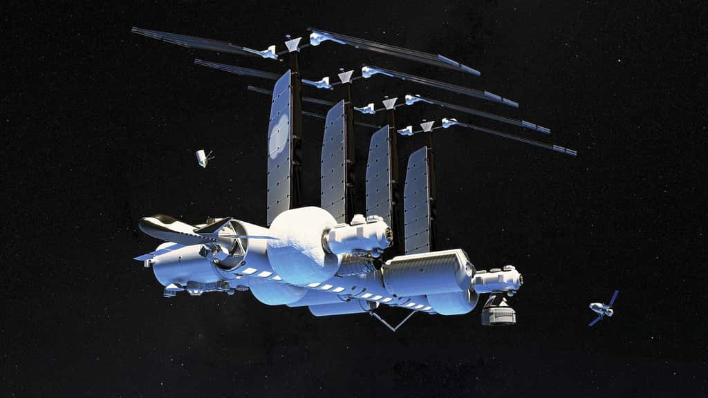 La station spatiale de Blue Origin, Sierra Space, Boeing et Redwire Space. Baptisée <em>Orbital Reef</em>, cette station pourrait accueillir jusqu'à 10 astronautes, et une fois entièrement assemblée elle serait aussi grande que l'ISS. © Blue Origin, Sierra Space