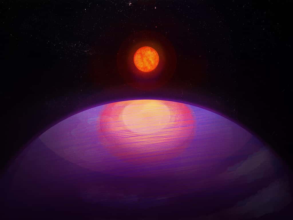 Vue d'artiste de l'exoplanète LHS 3154b, en orbite autour de l'étoile LHS 3154. Avec sa masse élevée, l'exoplanète a probablement une composition proche de celle de Neptune. © Penn State University
