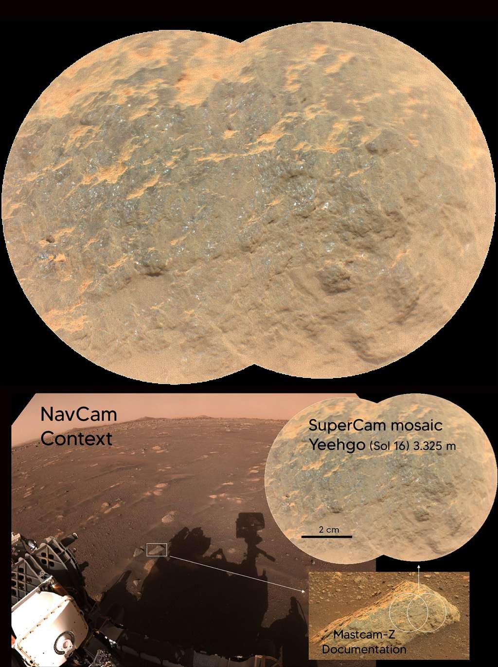 La roche nommée Yeehgo est une des premières cibles de tests pour l'instrument SuperCam. Elle est située à 3,325 mètres du rover. © Nasa, JPL-Caltech, LANL, Cnes, CNRS, ASU, MSSS