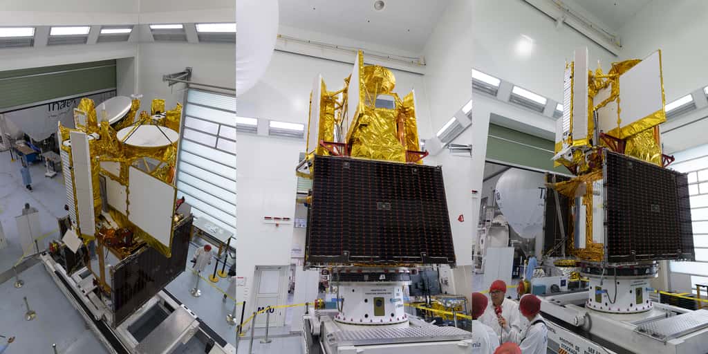 Le satellite Swot, intégré par Thales Alenia Space, avec ses panneaux solaires et son radar interférométrique KaRIn repliés. © Remy Decourt