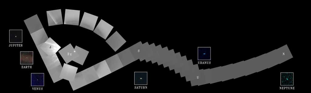 Presque toutes les planètes du Système solaire figurent sur cette vue d’ensemble, la première jamais réalisée. Les images qui composent ce « portrait de famille du Système solaire » ont été prises par Voyager 1 le 14 février 1990 à plus de 6,4 milliards de kilomètres de la Terre. Notre planète a alors été surnommée par Carl Sagan <em>pale blue dot</em>, et c’est en effet, vue d’aussi loin, un petit point mesurant 0,12 pixel. Plusieurs d’entre nous étaient sur cette photo quand elle a été prise, l’une des plus célèbres de la mission et aussi la dernière. © Nasa, JPL-Caltech