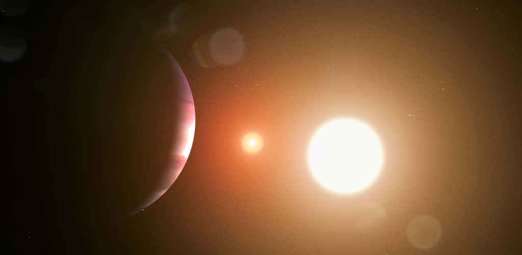 Une vue d'artiste de Kepler 16b éclipsant Kepler 16A et Kepler 16B qui s'éclipsent elles-mêmes. © Nasa, JPL-Caltech, R. Hurt