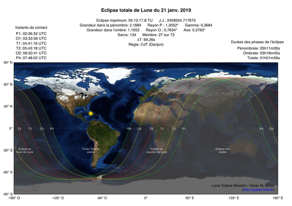 Zone de visibilité de l’éclipse totale de Lune du 21 janvier. © Xavier Jubier