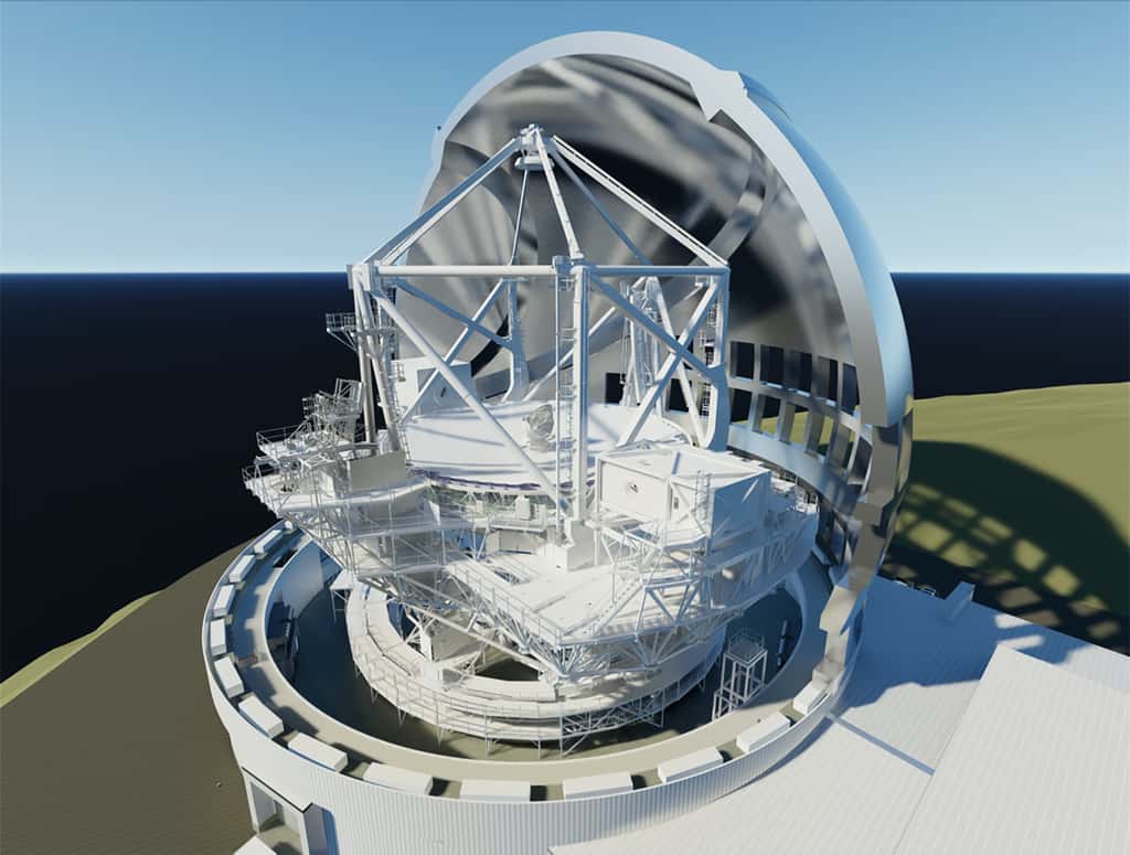 Vue en coupe du futur télescope TMT de 30 mètres de diamètre (Thirty Meter Telescope) en cours de construction sur à Mauna Kea sur l'île d'Hawaï. © TMT Consortium, M3 Engineering 