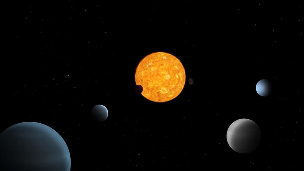 Vue d’artiste d’un système planétaire avec des planètes en résonance orbitale. © ESA, CC by-sa 3.0 IGO