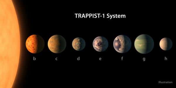 Illustration des sept planètes en orbite autour de la naine rouge Trappist-1, de la plus proche à la plus lointaine. Trappist-1 d et e seraient les plus habitables de toutes selon cette étude. © Nasa, R. Hurt, T. Pyle
