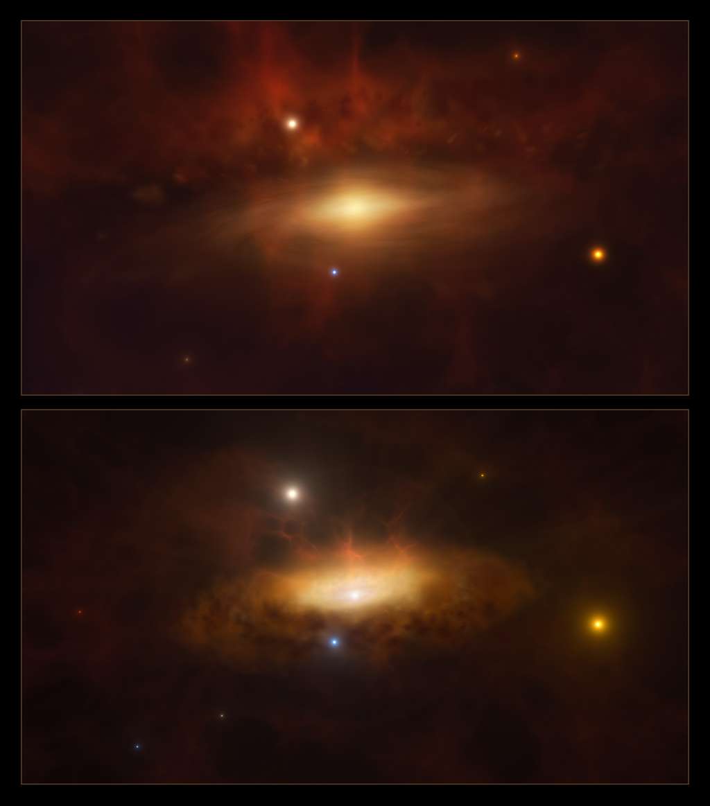 Cette vue d'artiste montre deux étapes de la formation d'un disque de gaz et de poussière autour du trou noir massif au centre de la galaxie SDSS1335+0728. Le noyau de cette galaxie s'est illuminé en 2019 et continue de briller aujourd'hui. C'est la première fois que nous observons un trou noir massif devenir actif en temps réel. © ESO/M. Kornmesser