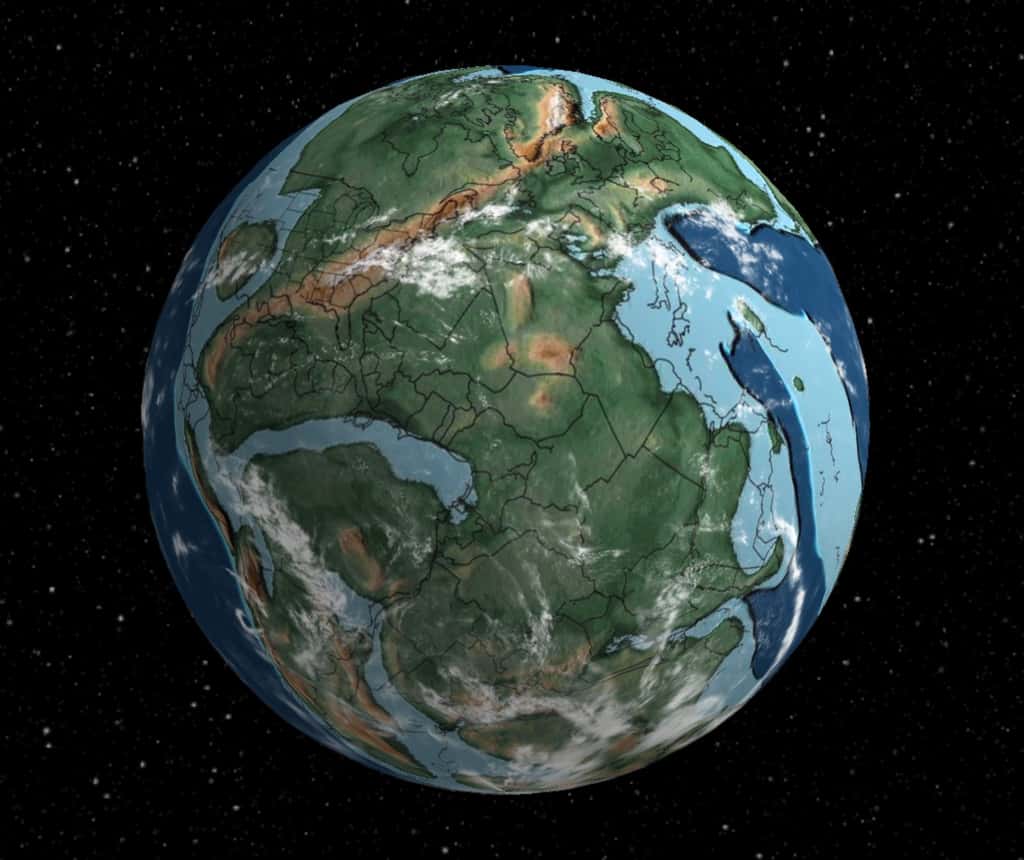 Une vue de la Terre à la fin du Permien, il y a 250 millions d’années, lors de la plus grande extinction de masse qu’ait connue la planète : 90 % de la vie a disparu. Cliquez <a title="Accès à la carte" target="_blank" href="http://dinosaurpictures.org/ancient-earth#260">ici</a> pour accéder à la carte interactive. © Ian Webster