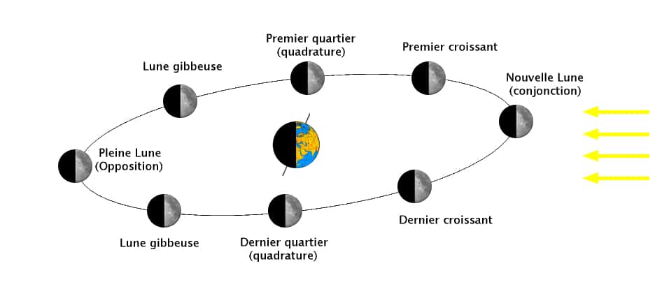 Schéma des différentes phases de la Lune. © Wikipedia, CC by-sa 3.0
