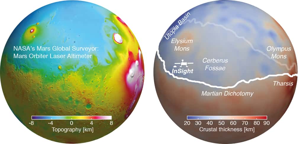 Topographie de la surface de Mars et épaisseur de la croûte de la planète. © Nasa, MOLA, Doyeon Kim, ETH Zurich