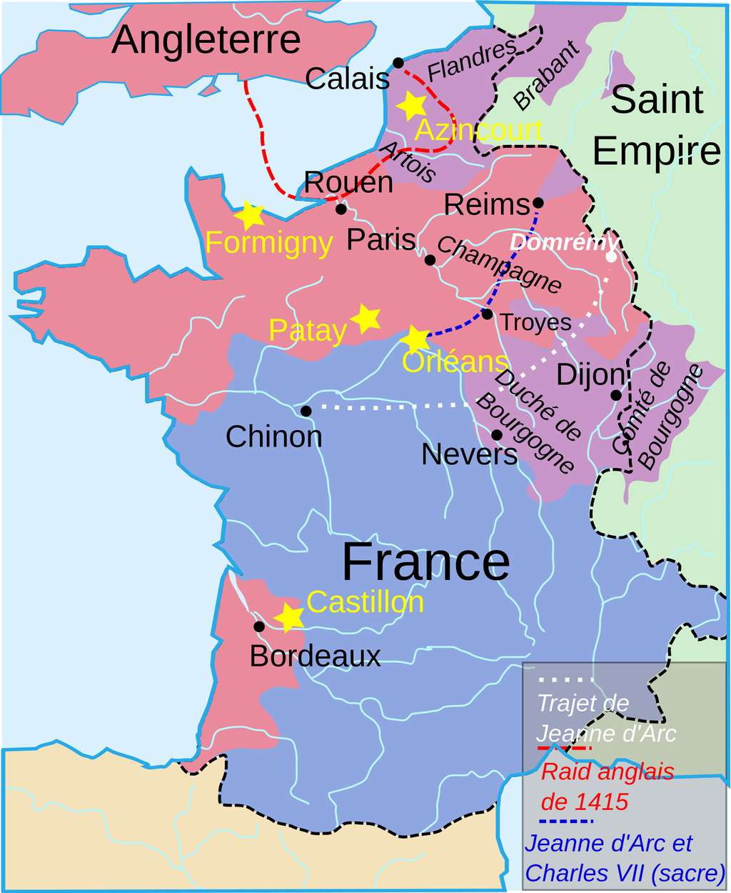 Situation du royaume de France en 1429 (en bleu), d'après le traité de Troyes de 1420. © Wikimedia Commons, domaine public