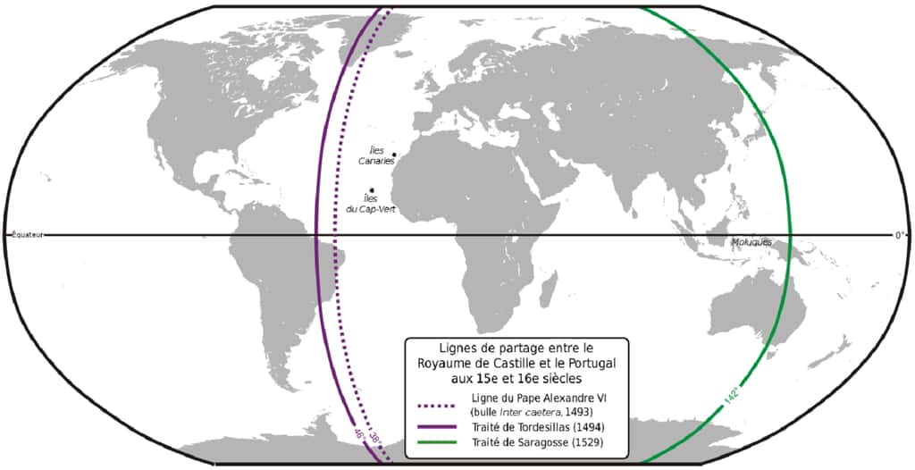 Carte schématisant la ligne de partage des terres entre Espagne et Portugal par le traité de Tordesillas de 1494. Figure également le partage effectué en 1529 par le traité de Saragosse.© Wikimedia Commons, domaine public.
