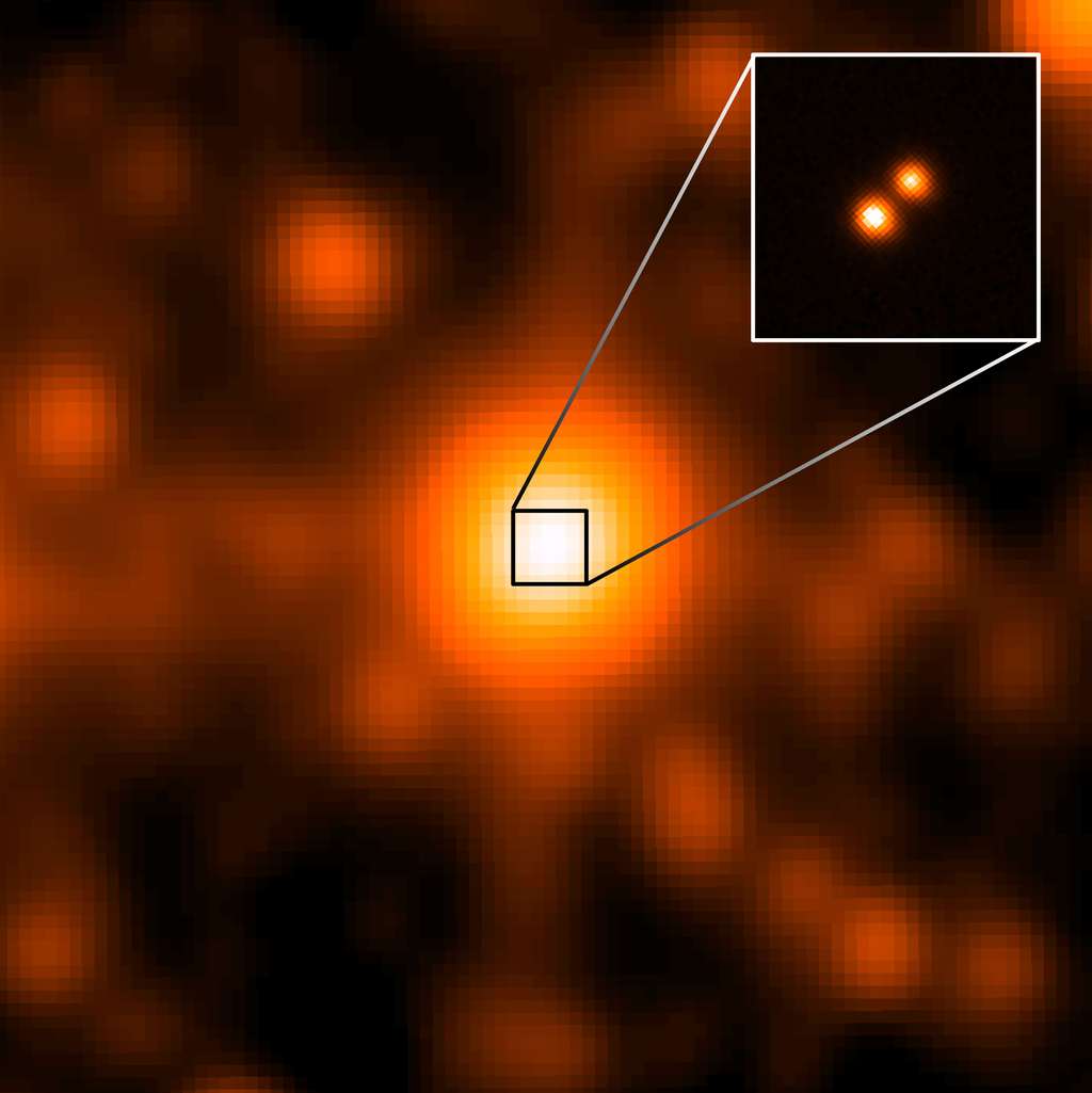 Luhman 16 vue par le <em>Wide-field Infrared Survey Imager</em> (Wise) : image large, où les deux naines brunes ne sont pas résolues et par l'Observatoire Gemini, encart avec les deux naines brunes résolues. © Nasa, JPL, Gemini Observatory, AURA, NSF