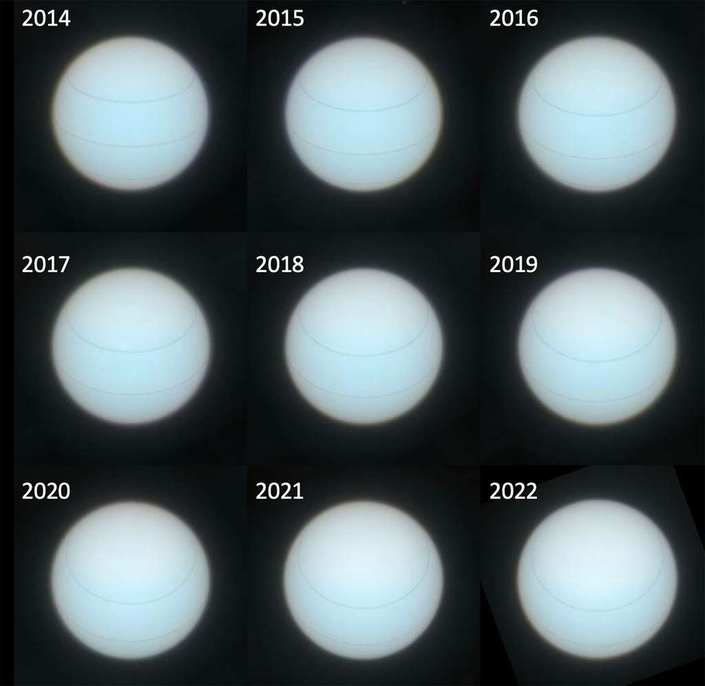 De 2014 à 2022, le télescope spatial Hubble observe les changements de couleurs de la planète Uranus au gré de ses saisons. © Patrick Irwin, Université d'Oxford