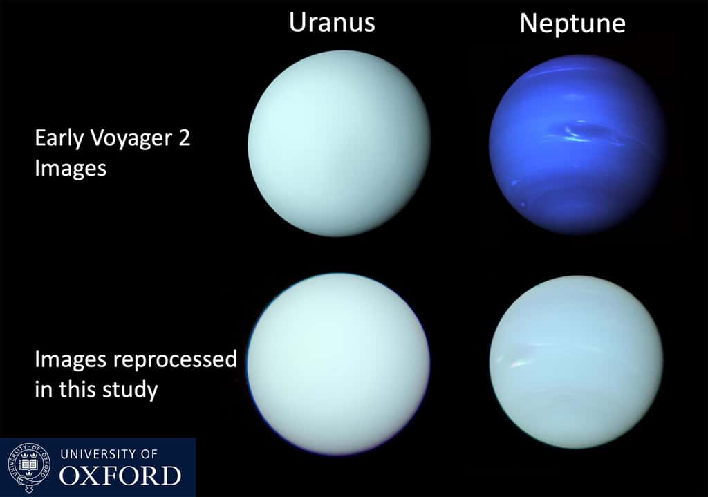 Comparaison de la couleur des planètes Uranus et Neptune vues par Voyager 2 et les spectrographes d’Hubble et du VLT. © Patrick Irwin, université d'Oxford 