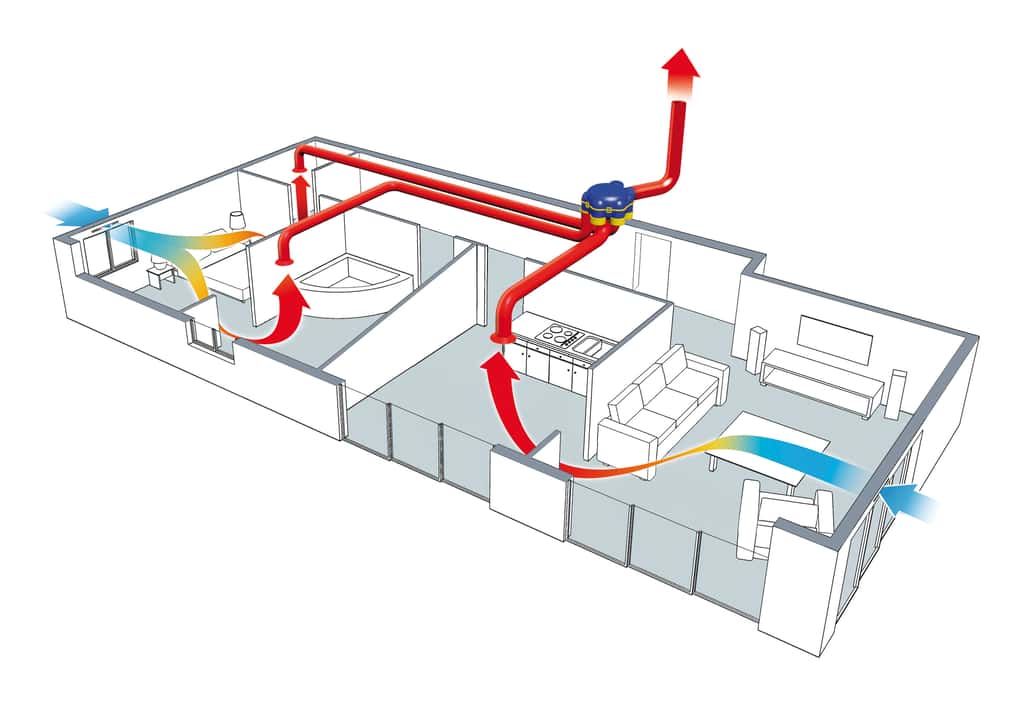 Une VMC hygroréglable de type B assure une ventilation sur mesure de la maison et permet de réaliser des économies d’énergies avec près de 12 % en moins sur la facture de chauffage. Elle associe des entrées d’air frais (fenêtre) à des bouches d’extraction de l’air vicié, hygroréglable (salle de bains, cuisine, w.-c.). © Atlantic