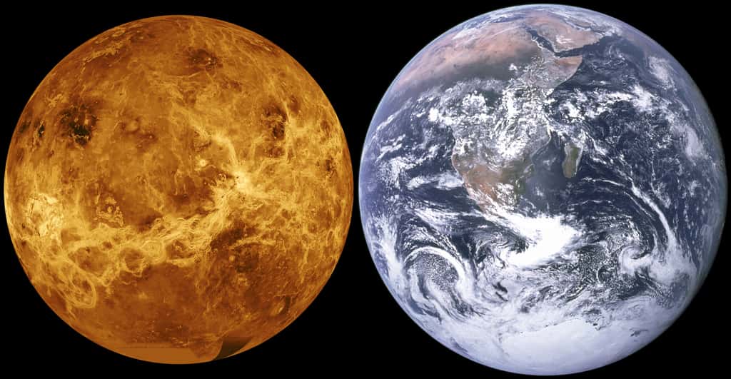  Une comparaison à l'échelle entre Vénus, telle que l'a révélée le radar de la sonde Magellan (les couleurs sont fausses) et la Terre photographiée lors de la mission Apollo 17. © Nasa