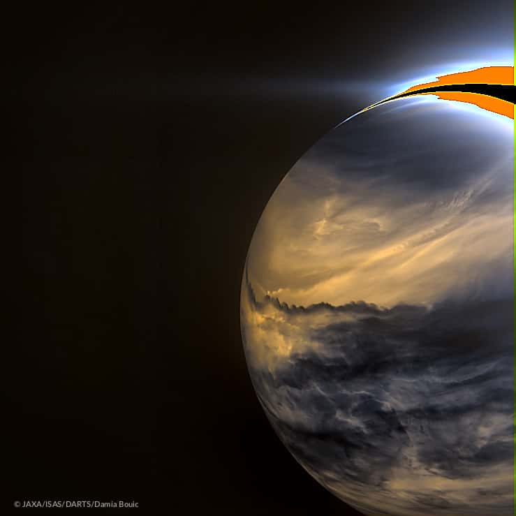 Vénus, côté nuit, vue par la caméra IR2 de la sonde Akatsuki. Les nuages sombres bloquent le rayonnement infrarouge des couches inférieures plus brillantes. © Jaxa, Isas, Darts, Damia Bouic