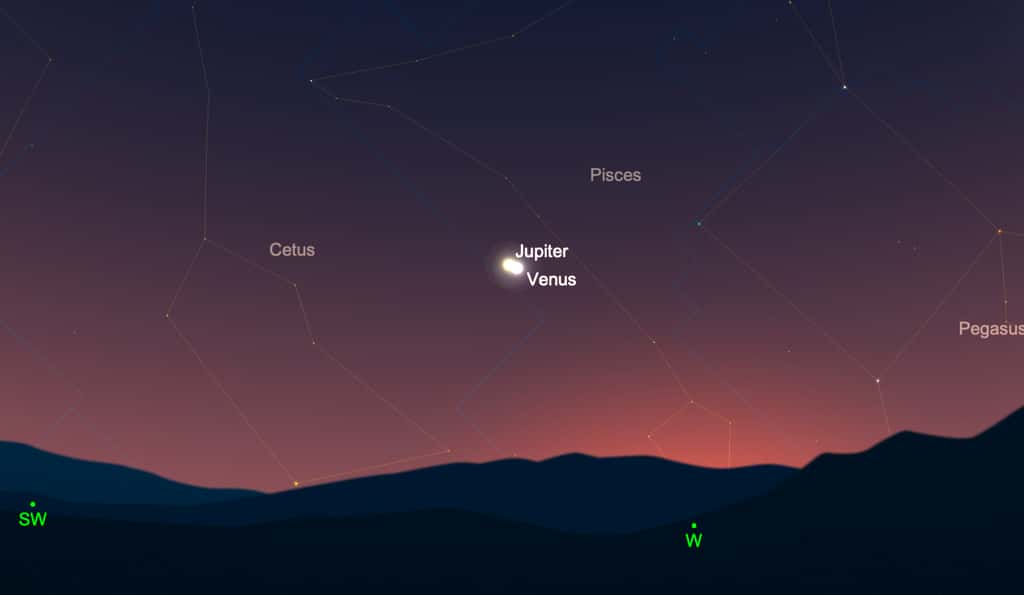 Jupiter et Vénus très bien visible au crépuscule. Elles se retrouvent au plus près dans le ciel le 1<sup>er</sup> mars. © SkySafari