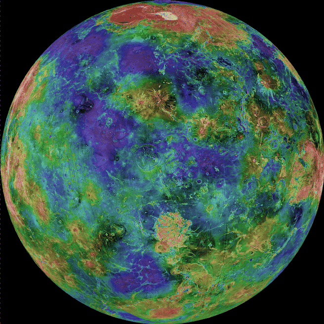 Si les épais nuages ​​qui recouvrent Vénus étaient retirés, à quoi ressemblerait la surface ? Grâce à une technique d'imagerie radar, la sonde Magellan a pu lever le voile sur la face de Vénus et produire cette image spectaculaire en haute résolution de la surface de la planète. Le rouge, sur cette carte en fausses couleurs, représente les montagnes, tandis que le bleu représente les vallées. Cette carte d'une résolution de 3 kilomètres est un composite d'images Magellan compilées entre 1990 et 1994. Les lacunes ont été comblées par le radiotélescope d'Arecibo basé sur Terre. La grande zone jaune/rouge au nord est <em>Ishtar Terra</em> avec <em>Maxwell Montes</em>, la plus grande montagne de Vénus. Les grandes régions montagneuses sont analogues aux continents de la Terre. Les scientifiques sont particulièrement intéressés par l'exploration de la géologie de Vénus en raison de sa similitude avec la Terre. © Nasa