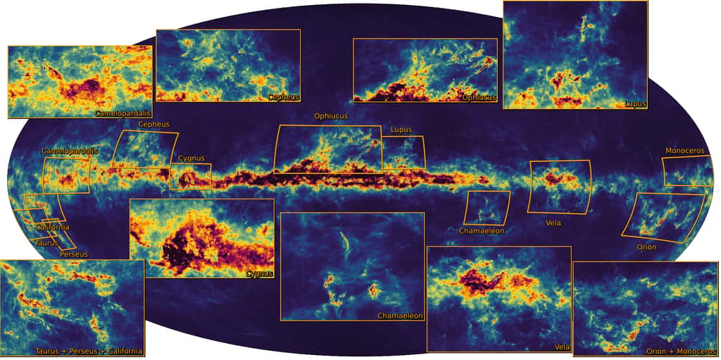 Carte de la Voie lactée basée sur les données Gaia release 3, avec en plusdes encarts ajoutés pour mettre en évidence les régions de formation d'étoiles connues. © ESA/Gaia/DPAC - CC BY-SA 3.0 IGO.