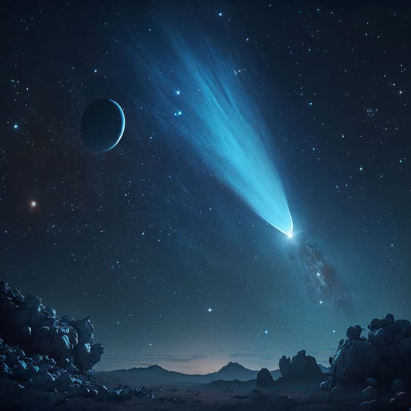 Vue artistique du panache de poussière d'une exocomète vue de la surface d'une exoplanète rocheuse peut-être en orbite autour de HD 172555. © Alain Lecavelier, MidJourney