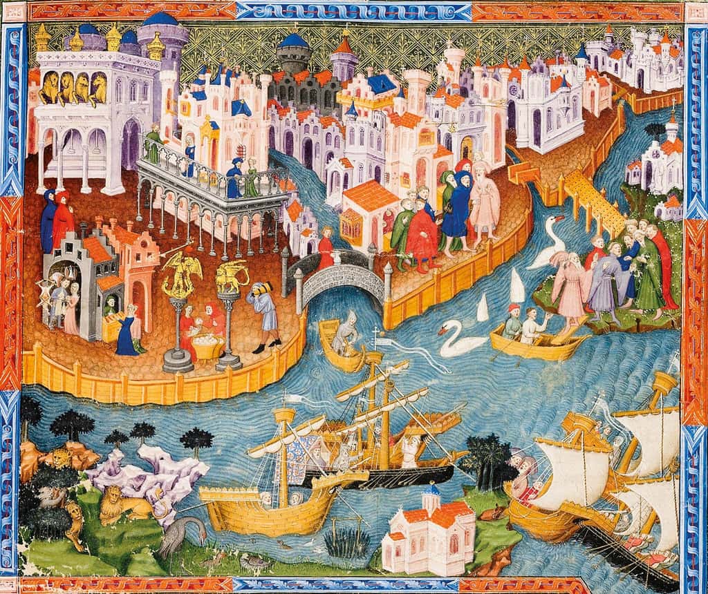 Miniature d'une vue de Venise dans le <em>Livre des Merveilles</em>, de Marco Polo ; exemplaire anglais édité au XV<sup>e</sup> siècle. British Library, Londres. © History, Bridgeman