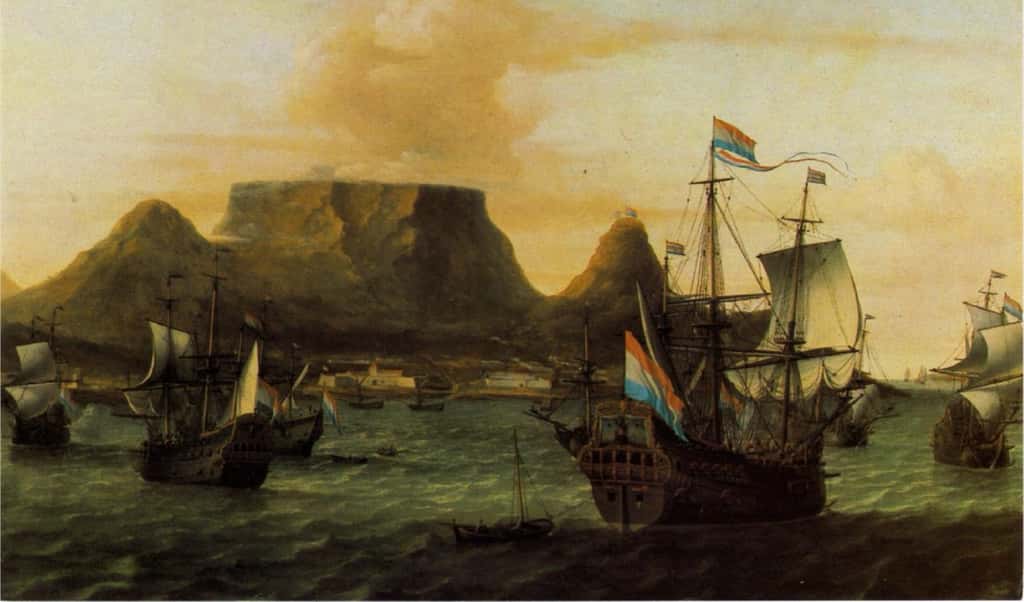 Vue de la baie du Cap : bateaux de la Compagnie hollandaise des Indes Orientales (VOC), par Aernout Smit en 1679. Chavonnes Battery Museum, Le Cap (Cape Town). © Chavonnes Battery Museum.