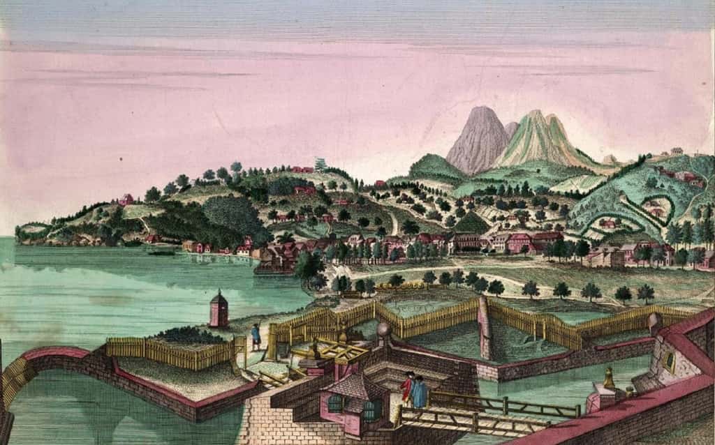 Vue de Fort-Royal en Martinique, par François Denis entre 1750 et 1760 ; actuelle ville de Fort-de-France. © Wikimedia Commons, domaine public