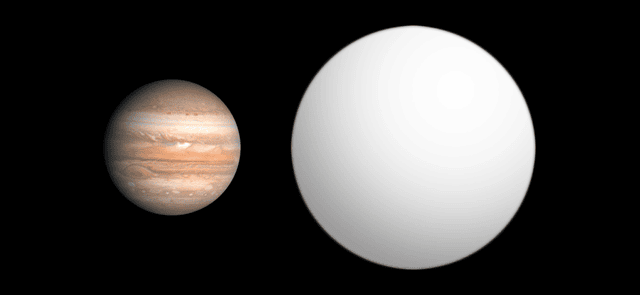 Une comparaison entre la taille de Jupiter et celle de Wasp 12b. © Aldaron, Wikipédia, CC by-sa 3.0