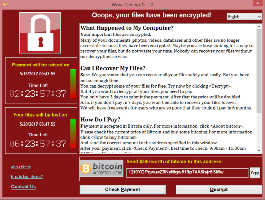 Voici une capture d’écran du message que les victimes du ransomware WannaCry voient apparaître sur leur ordinateur infecté. © WannaCry, DP