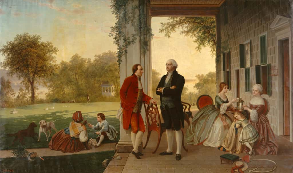 Tableau représentant Washington et La Fayette à Mount Vernon en 1784, peint par Rossiter et Mignot en 1859. © Metropolitan Museum of Art, New York, domaine public