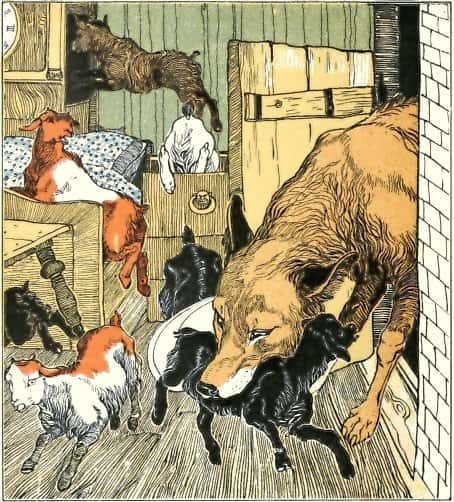 Illustration de Karl Fahringer inspirée du conte <em>Le loup et les sept chevreaux</em>, qui aurait inspiré<em> Le petit chaperon rouge. ©</em> Karl Fahringer, Wikimedia Common, DP