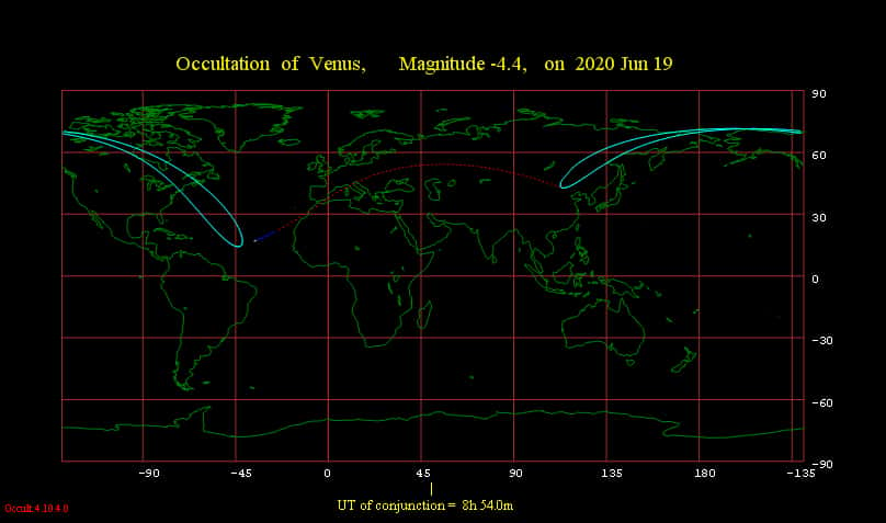 Pour les régions traversées par les pointillés, l'occultation de Vénus par la Lune sera en plein jour. Une partie de l'Amérique du Nord pourra observer le phénomène. © <em>Occult program of Iota</em>