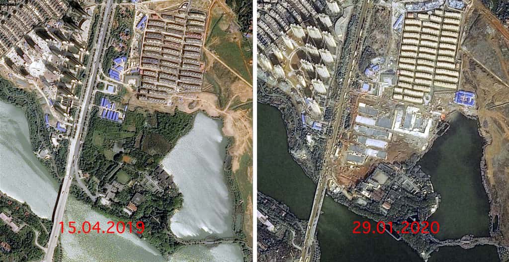 Une vue « Avant - Après » du site sur lequel est construit à Wuhan un hôpital de plus de 1.000 lits pour les patients atteints du Coronavirus. © Cnes 2020, Distribution Airbus DS