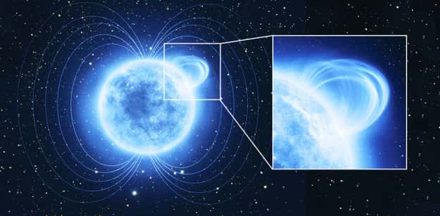 XMM-Newton a mesuré le champ magnétique d'une petite région de l'étoile à neutrons SGR 0418 + 5729, dont le champ magnétique est si intense qu'il est classé comme un « magnétar ». Ici une vue d'artiste de SGR 0418 + 5729. © ESA, ATG medialab
