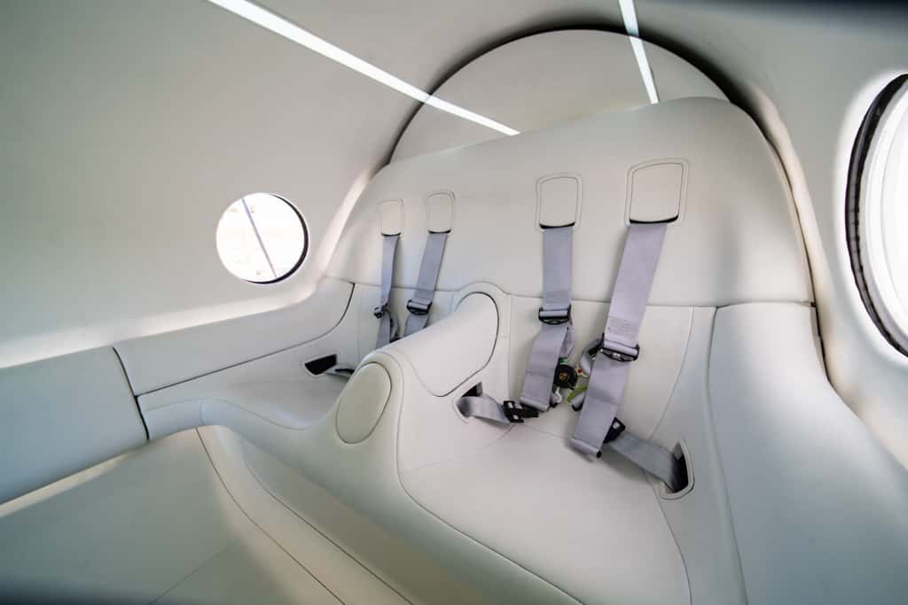 Ambiance spartiate à bord de la capsule de Virgin Hyperloop. © Virgin Hyperloop