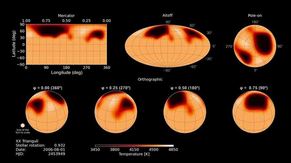 Surface de l'étoile XX Trianguli en quatre types de projection différents. © HUN-REN RCAES/Zs. Kővári, MOME/Á. Radványi, AIP/K – <em>Strassmeier Leibniz Institute for Astrophysics Potsdam</em> (AIP)