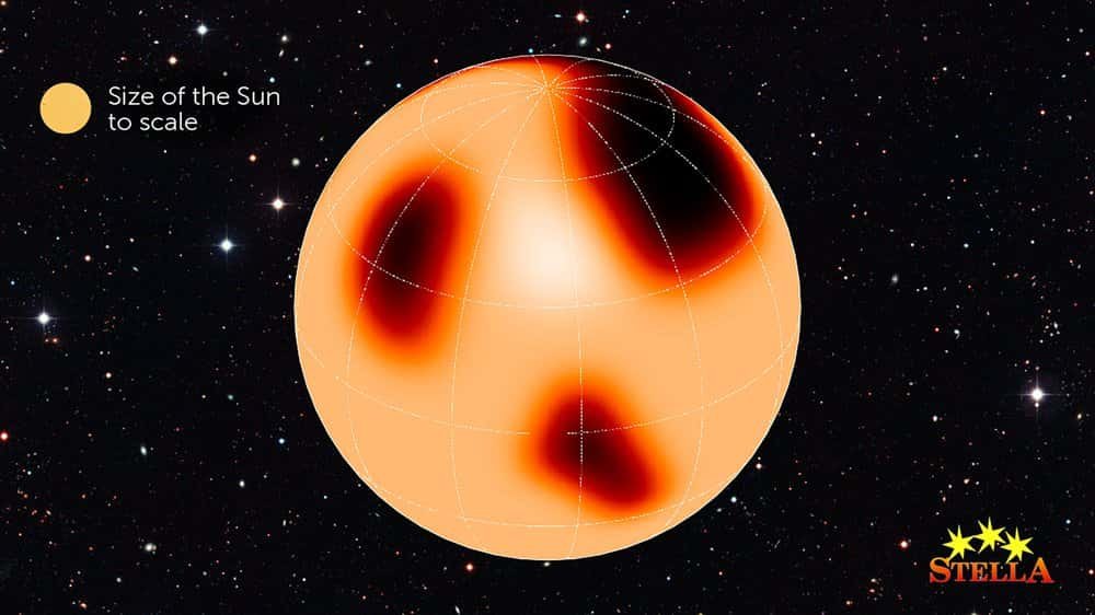 Image instantanée de la surface de la géante K XX Trianguli. La taille du Soleil est indiquée à titre de comparaison. © HUN-REN RCAES/Zs. Kővári, MOME/Á. Radványi, AIP/K. Strassmeier, <em>Leibniz Institute for Astrophysics Potsdam</em> (AIP)