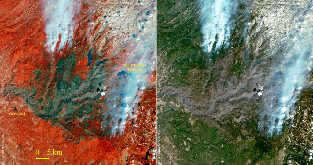 Cartes, dans le proche infrarouge (à gauche) et en couleurs naturelles (à droite), de l’étendue de l’incendie de Yosemite en Californie, réalisées par le satellite Spot-6 d'Astrium (situé à 694 km d'altitude). © <em>Astrium Services</em>, 2013