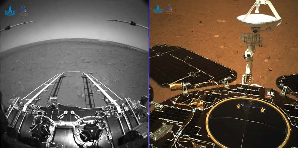 Les deux premiers clichés acquis par le rover chinois Zhurong depuis l'atterrisseur posé sur le sol martien. © CNSA