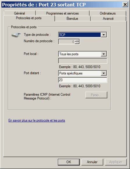 Telnet fonctionne sur le port 23 et il sera usuellement nécessaire d’ouvrir ce port sur l’ordinateur « client ». © Microsoft