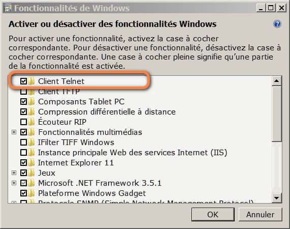 Depuis un système tel que Windows, il est nécessaire d’activer Telnet avant de pouvoir accéder à ce service. © Microsoft 
