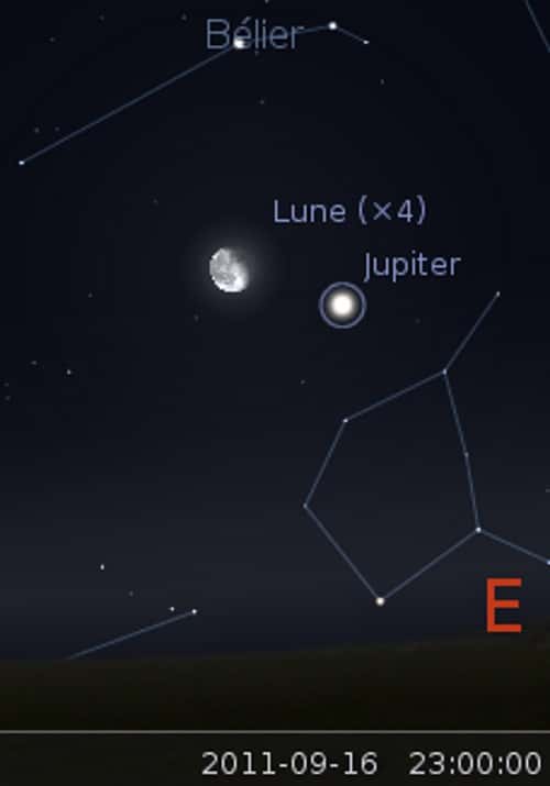Le 16/09/2011 : la Lune en rapprochement avec Jupiter. &copy; Stellarium
