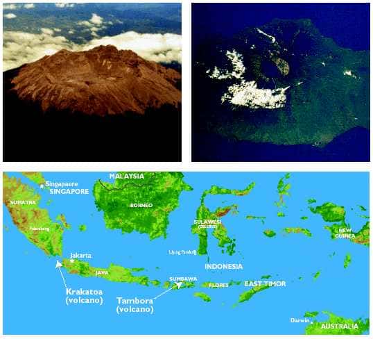 Des images du Tambora et sa localisation en Indonésie sur l'île de Sumbawa. Son éruption en 1815 a provoqué l'année suivante un refroidissement d'environ 1 °C dans l'ensemble de l'hémisphère nord. © <em>Volcanological Survey of Indonesia</em>/Nasa