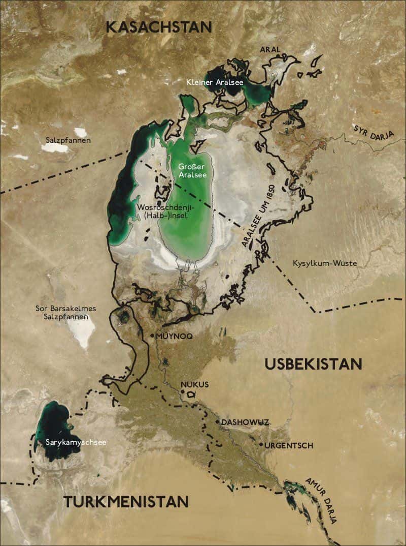 Carte de la mer d'Aral superposée à une image satellite de 2004. © Nasa