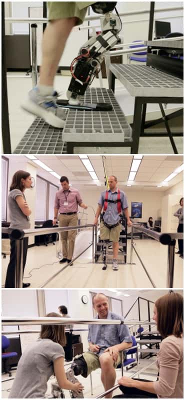 La jambe bionique conçue par le centre de rééducation de Chicago, fait avancer « à grand pas », les recherches sur les prothèses robotisées des membres inférieurs, moins avancées que celles sur des membres supérieurs. En effet, chaque obstacle présente une véritable contrainte, si le membre n’est pas fiable et robuste à 100 % la chute risque d’être lourde pour l’utilisateur, surtout dans un escalier. © RIC
